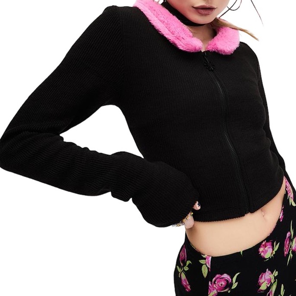 Faux Fur Collar Zip-Up Sweater - Picture 2 of 11